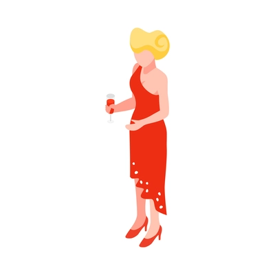 Isometric female banquet guest wearing red gown with glass of wine vector illustration