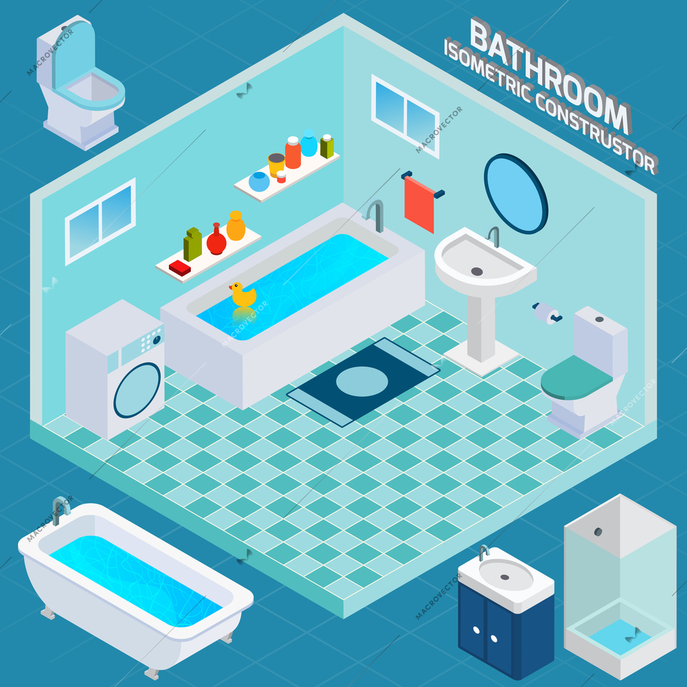 Isometric bathroom and toilet apartment interior with 3d facilities and decor elements vector illustration