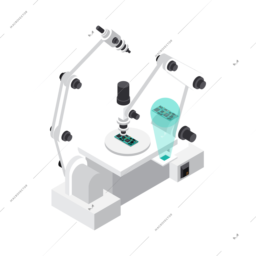 Isometric innovative industrial robot assembling hardware equipment 3d vector illustration