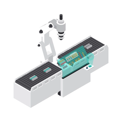 Industrial robots automation isometric icon with automated assembly line 3d vector illustration