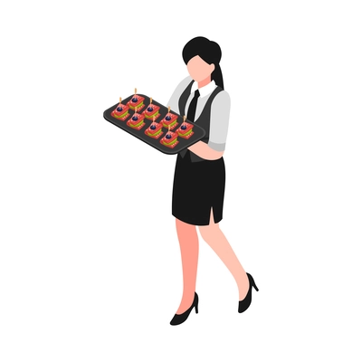 Isometric banquet dinner waitress with refreshments on tray 3d vector illustration