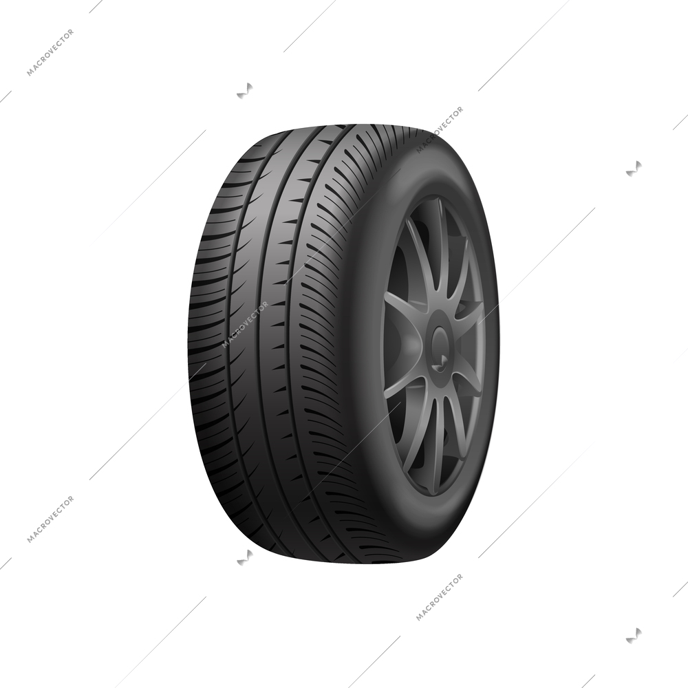 Realistic new tyred car wheel on white background vector illustration