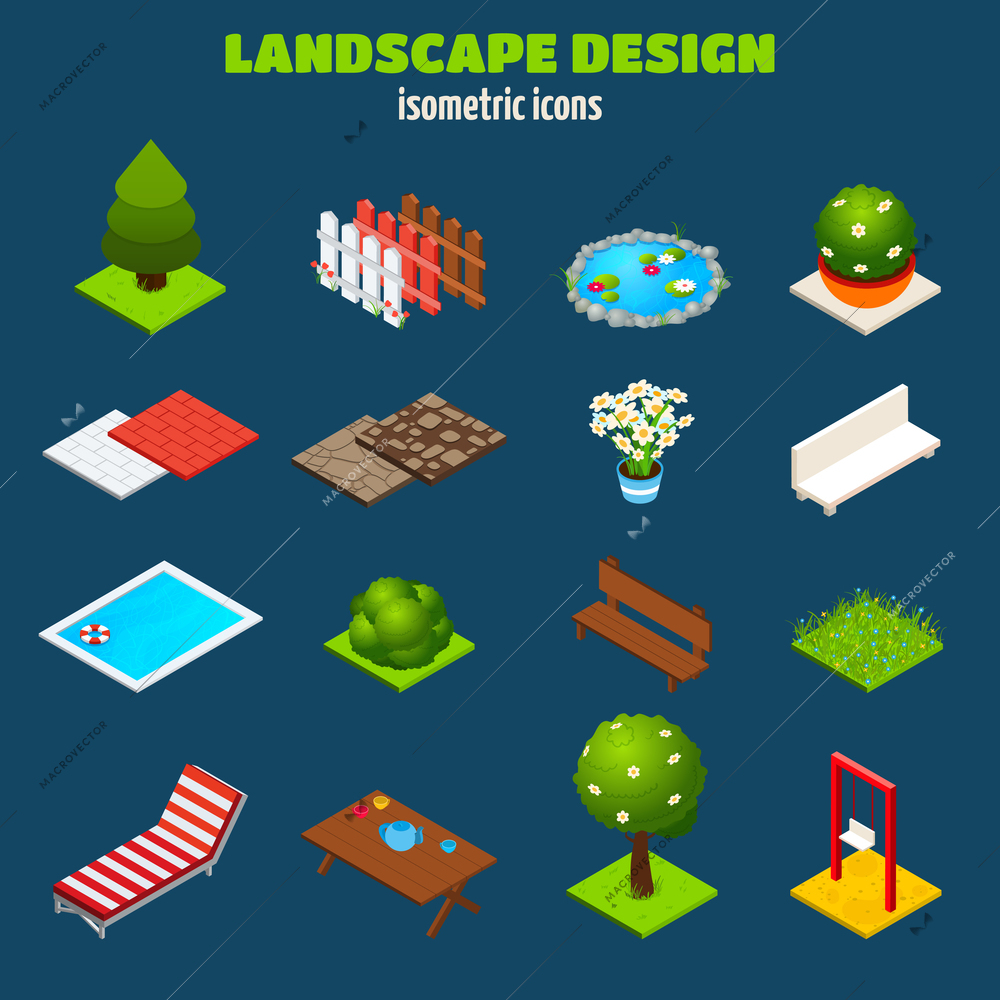 Landscape gardening outdoors design isometric icons set isolated vector illustration