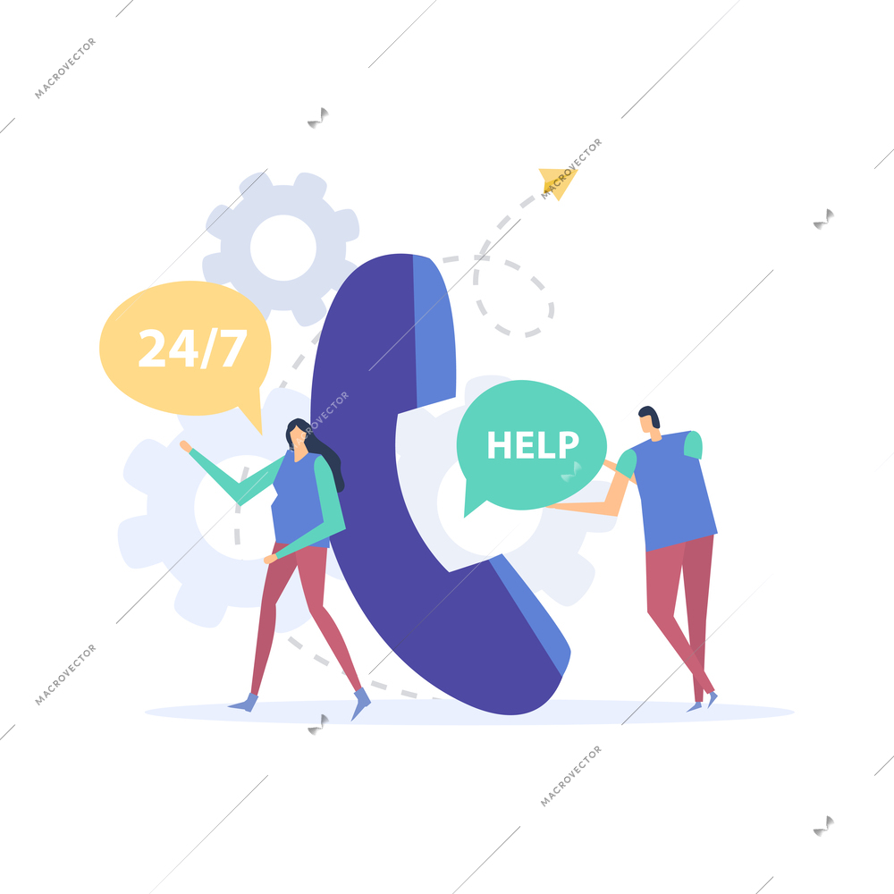 Call center hotline customer support service flat concept with human characters of operators answering questions on phone vector illustration