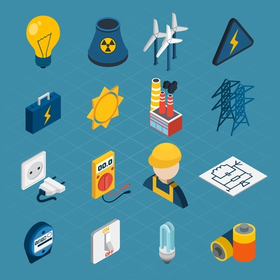 Electricity isometric icons set with lightbulb windmill electrician toolbox isolated vector illustration