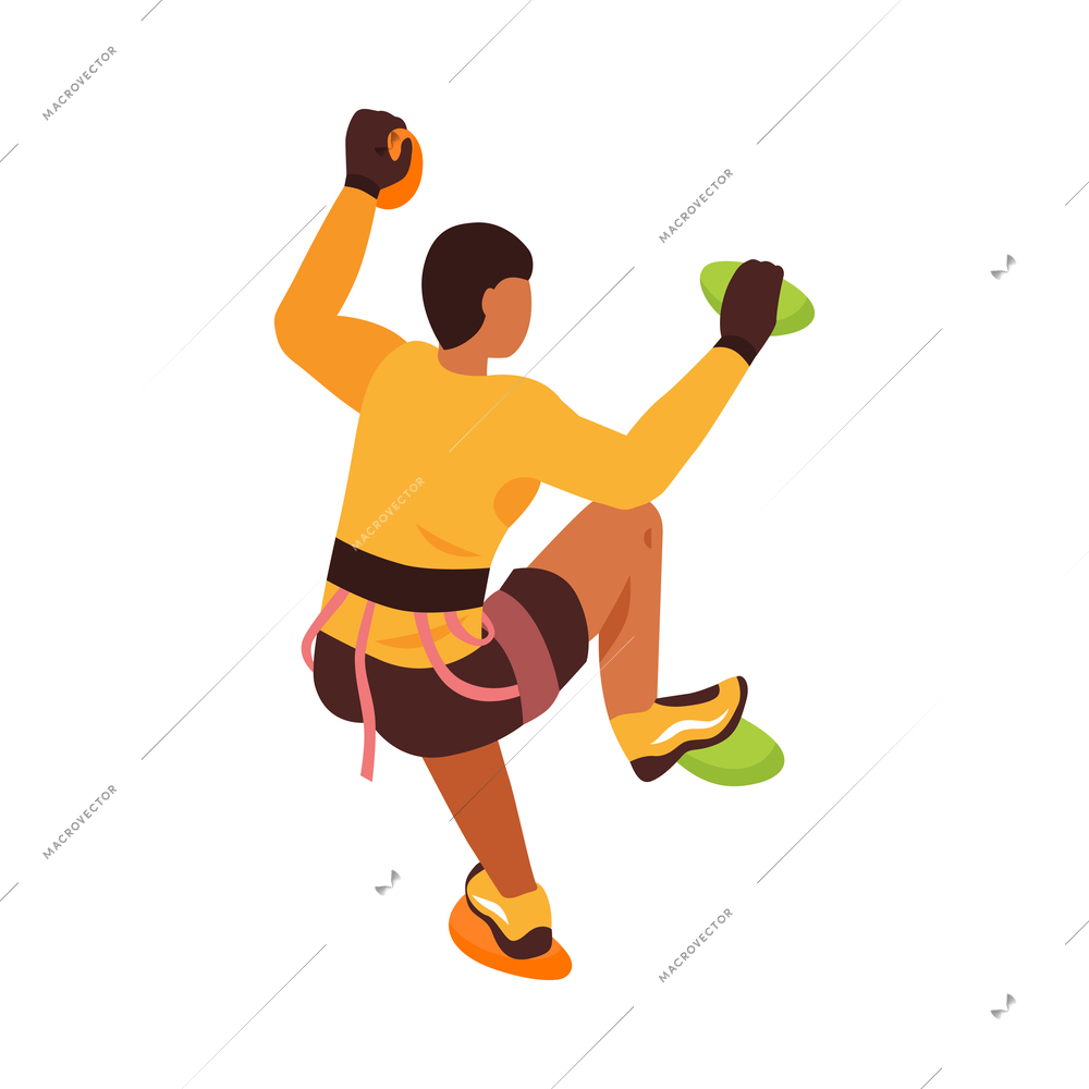 Isometric male climber climbing up wall 3d vector illustration