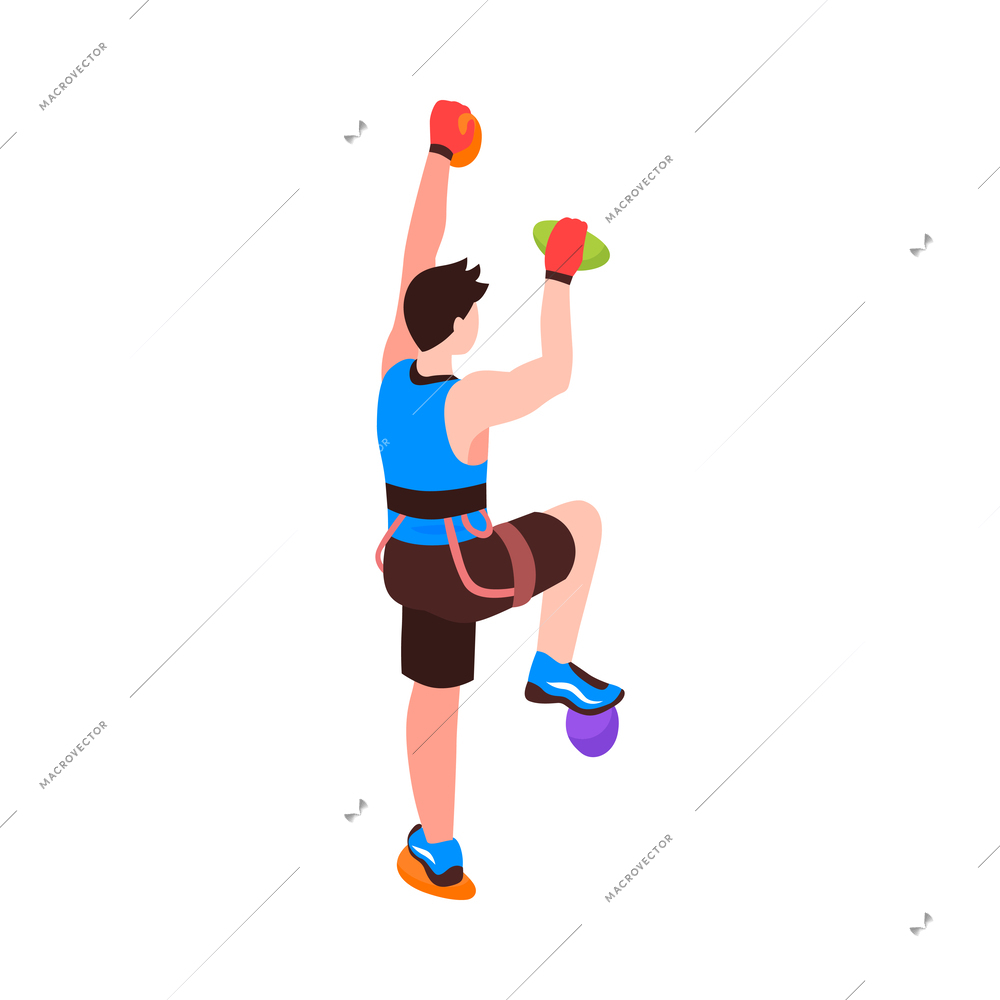 Isometric male climber practising rock climbing on artificial boulder 3d vector illustration