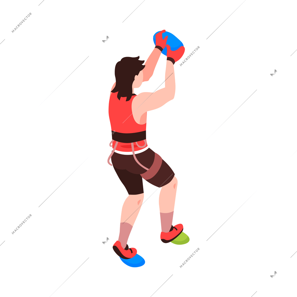 Isometric climber practising rock climbing on artificial wall 3d vector illustration