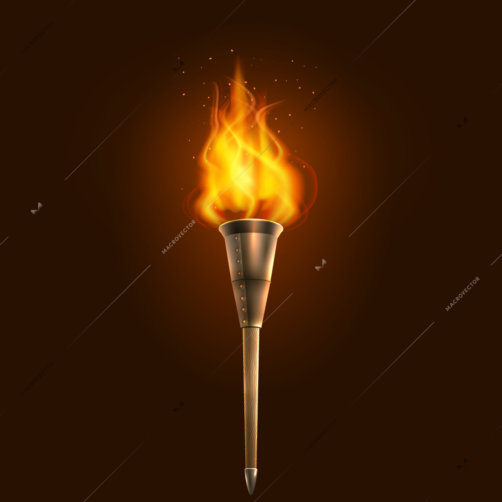 Burning in the dark realistic torch with flame icon abstract vector illustration