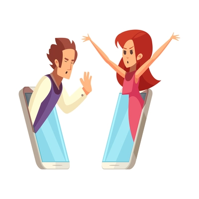 Virtual love dating app flat concept with man and woman having argument while communicating online vector illustration