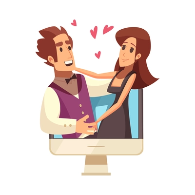 Virtual love dating app website flat icon with happy loving man and woman vector illustration