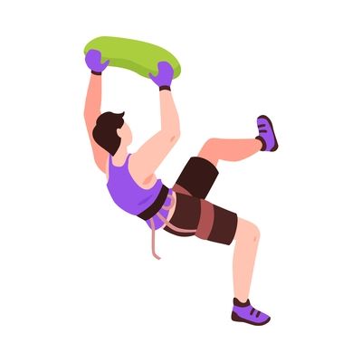 Isometric climber on climbing wall holding on green grip 3d vector illustration