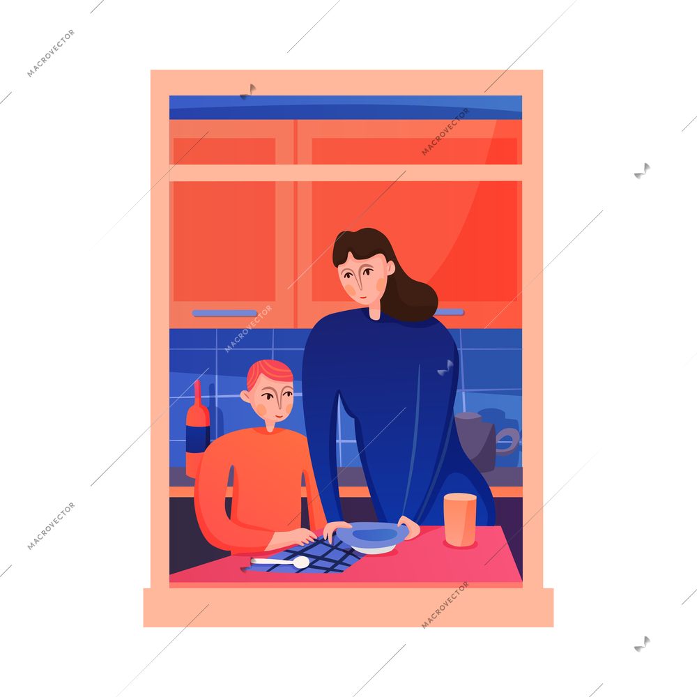 Neighbors having dinner in apartment window flat vector illustration