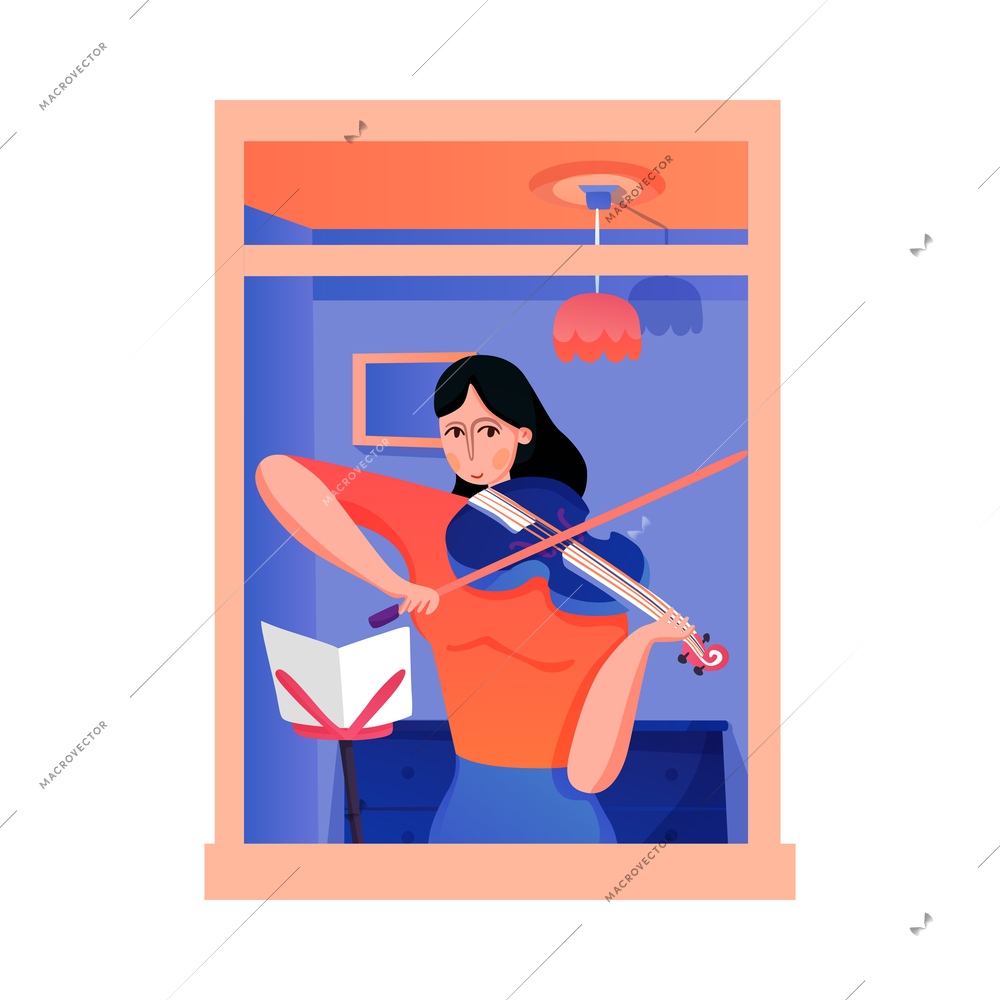 Woman neighbor playing violin in apartment window flat vector illustration