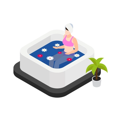 Beauty spa salon icon with woman relaxing in bath with flowers isometric vector illustration