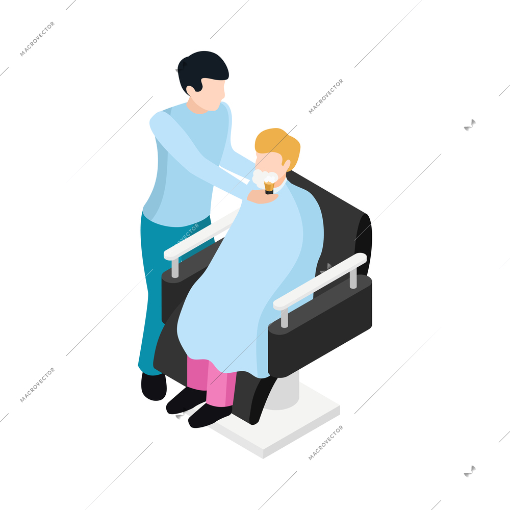 Beauty salon isometric icon with barber shaving client 3d vector illustration