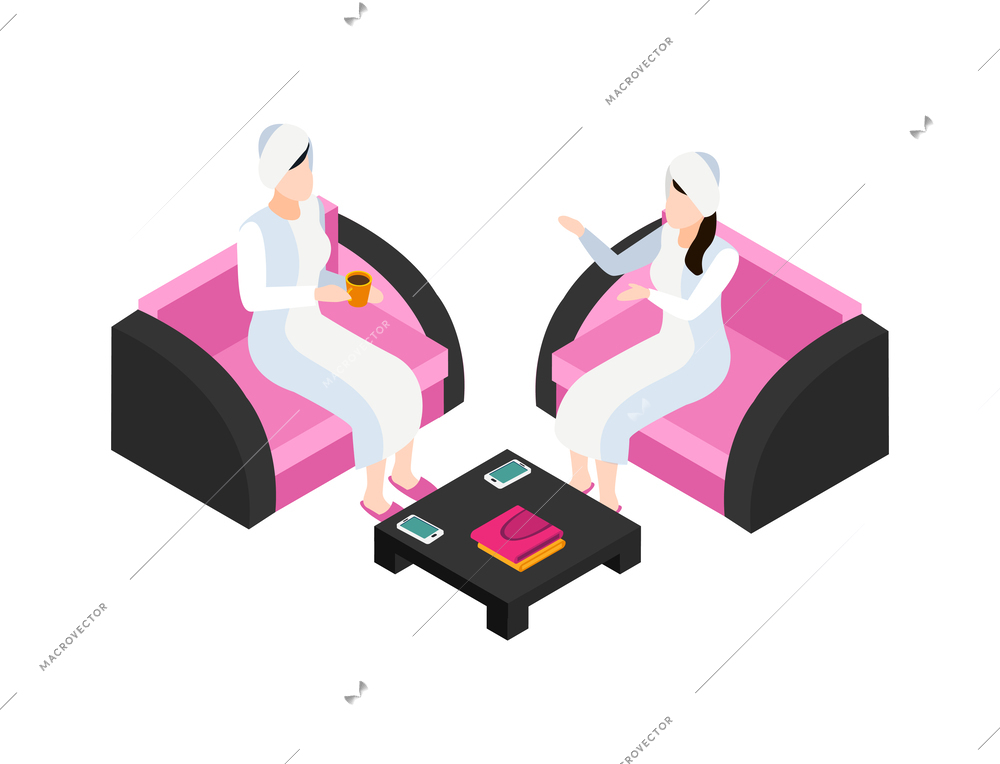 Two female clients talking with cup of coffee at beauty salon 3d isometric vector illustration