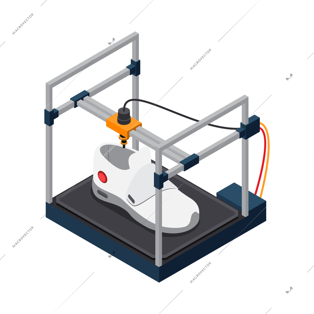 3D printer industry isometric icon with boot model printing process vector illustration