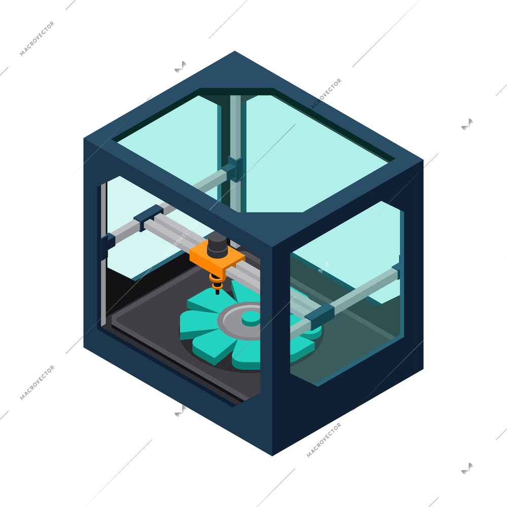 3D printer industry isometric icon with model printing process vector illustration