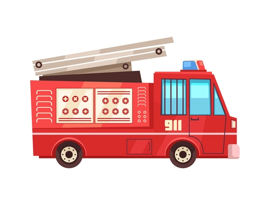 Red fire engine side view on white background flat vector illustration