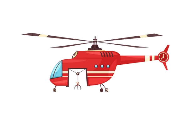Flat red fire fighting helicopter side view on white background vector illustration
