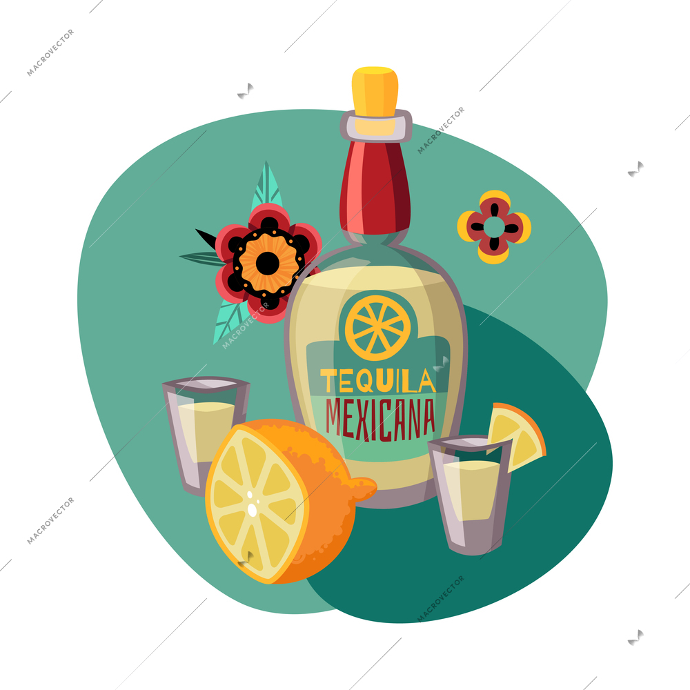 Celebration of dead day mexican holiday flat composition with bottle of tequila lemon flowers vector illustration