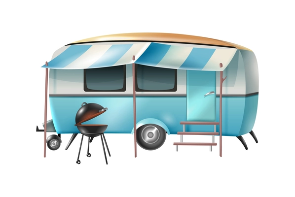 Realistic blue camping van with kettle grill vector illustration