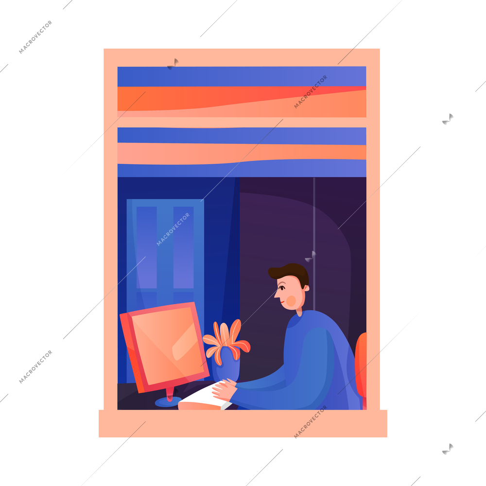 Flat neighbor window view with man working on computer vector illustration