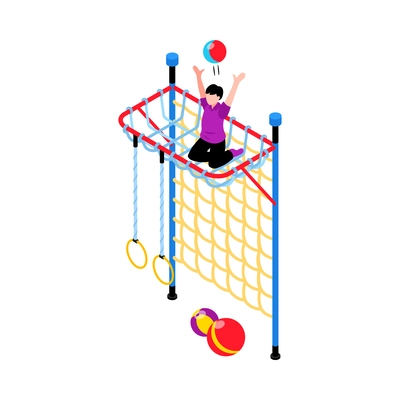 Isometric children sport equipment for home or school icon with happy child playing with ball on climbing frame vector illustration