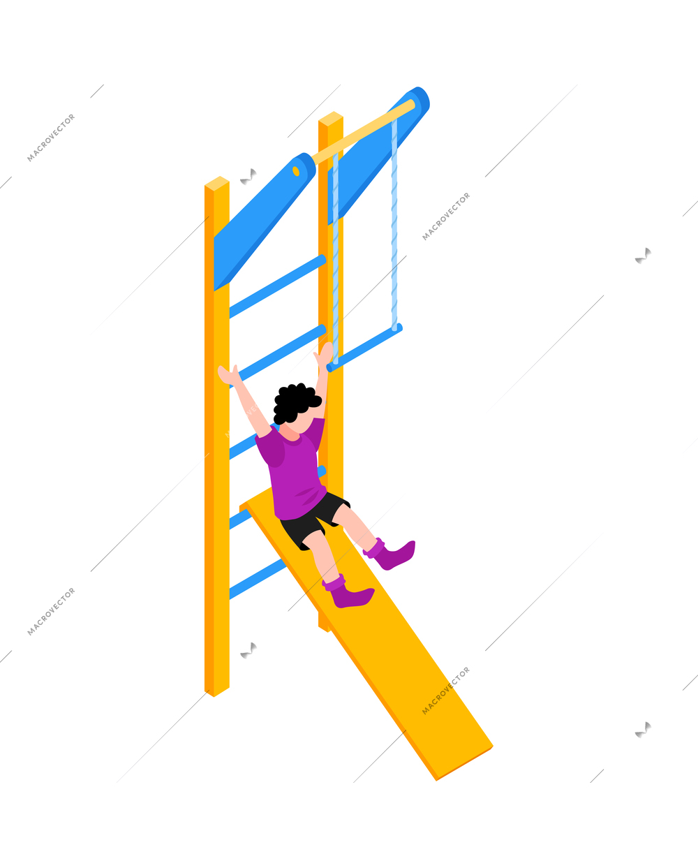 Isometric sport equipment for home or school gym icon with kid on slide vector illustration