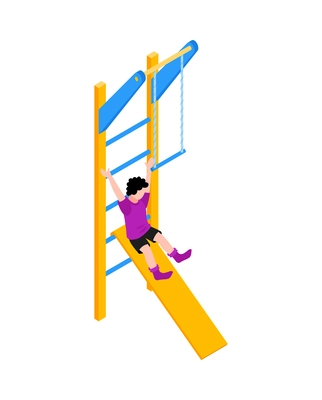 Isometric sport equipment for home or school gym icon with kid on slide vector illustration