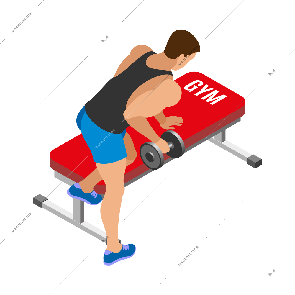 Body building isometric icon with strong muscular man doing exercise with dumbbell 3d vector illustration