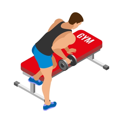 Body building isometric icon with strong muscular man doing exercise with dumbbell 3d vector illustration