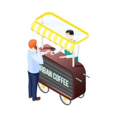 Man buying cup of coffee at stall with male vendor 3d isometric vector illustration