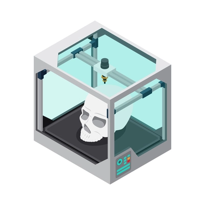 3D printing industry isometric icon with printer creating human skull model vector illustration