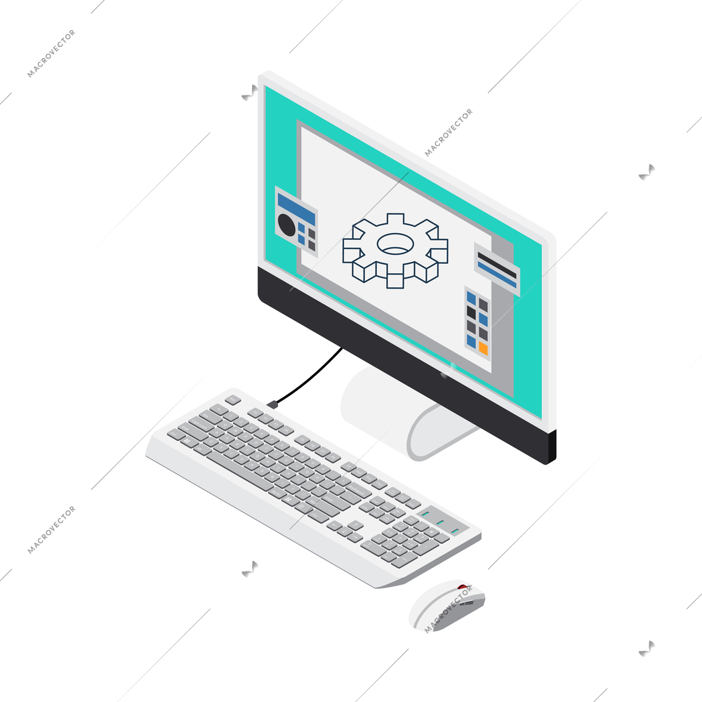 3D printing industry isometric icon with gear model on computer monitor vector illustration