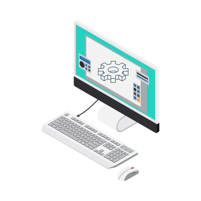 3D printing industry isometric icon with gear model on computer monitor vector illustration