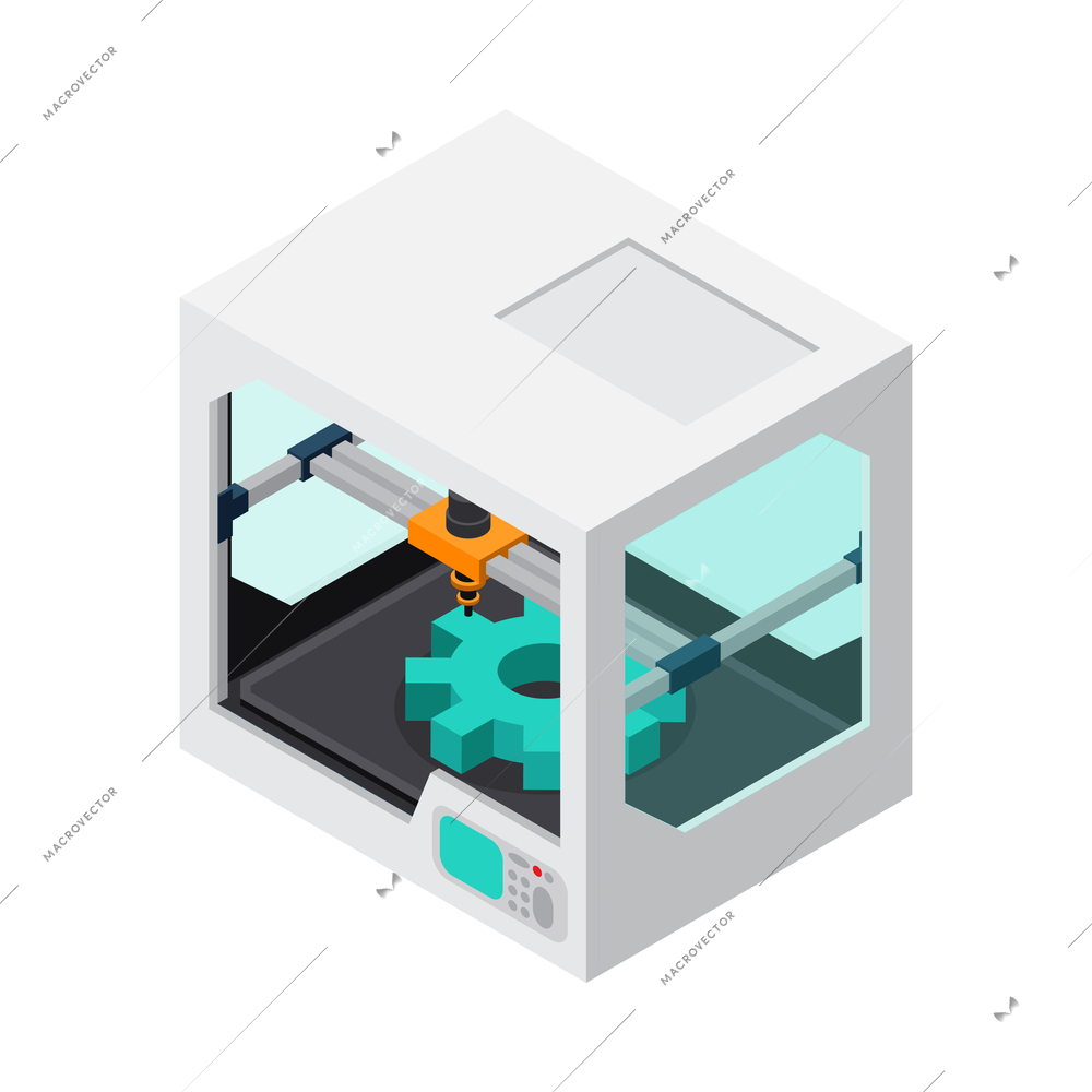 3D printing industry isometric icon with printer creating gear vector illustration