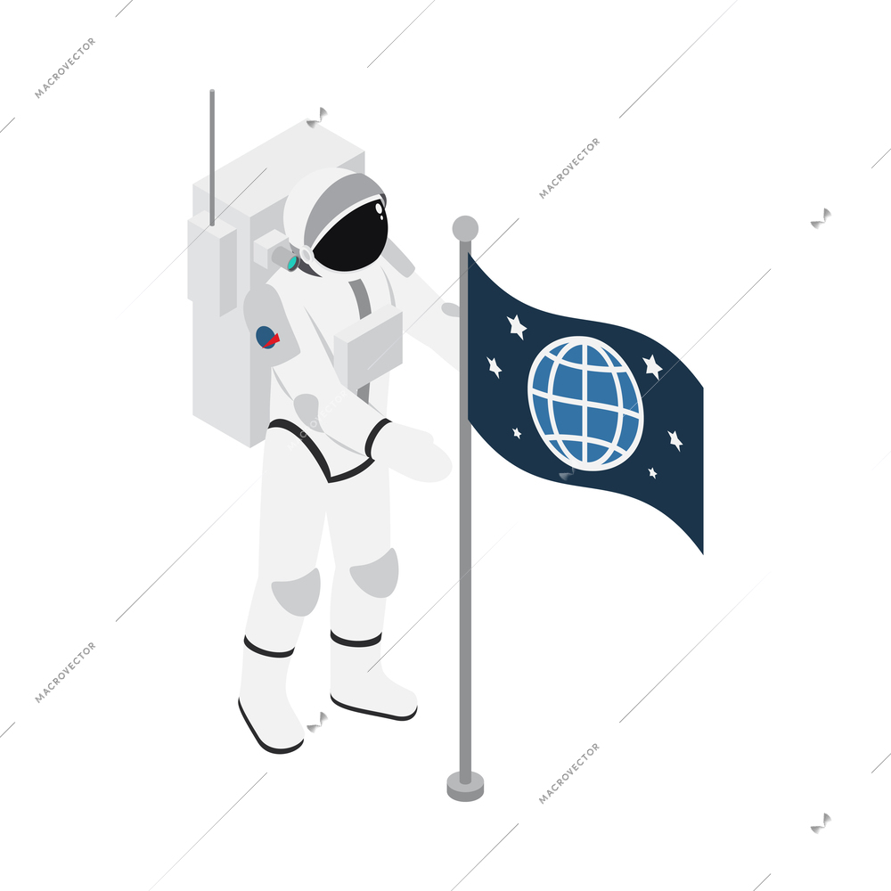 Astronaut in spacesuit with flag 3d isometric vector illustration