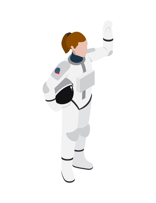 Isometric female astronaut in spacesuit waving hand 3d vector illustration