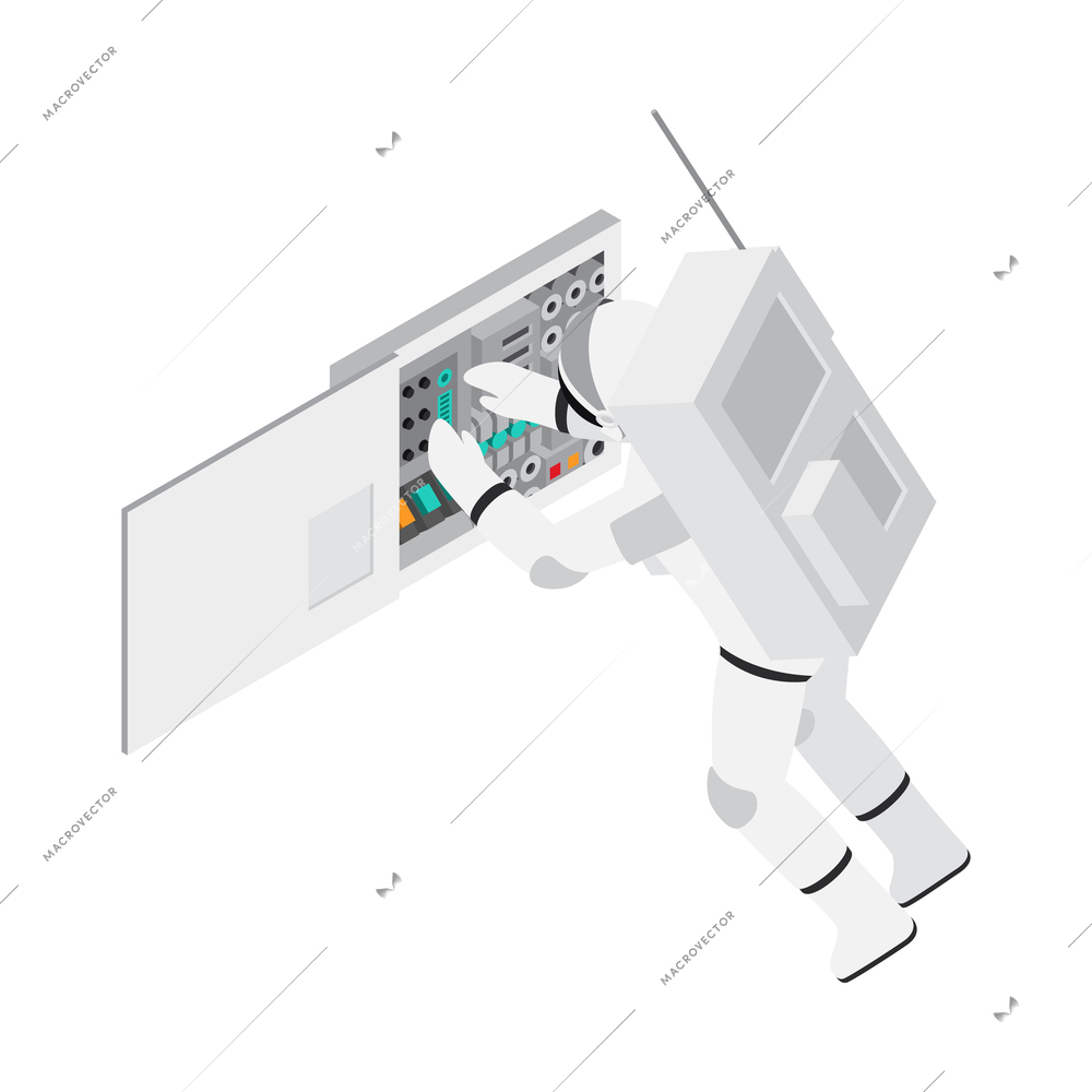Astronaut in outer space checking equipment isometric vector illustration