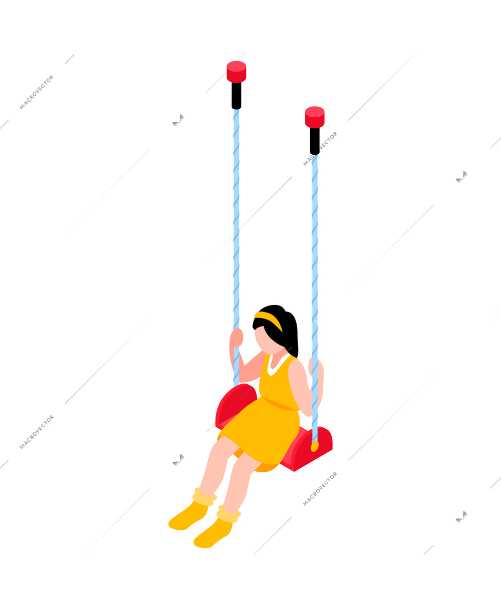 Isometric children sport equipment for school or home icon with girl on swing 3d vector illustration
