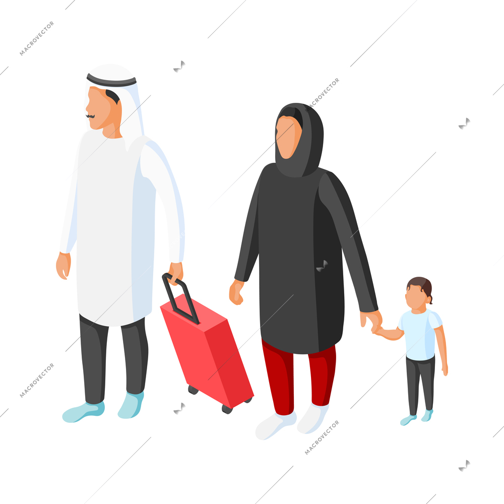 Isometric arabic family travelling together with child and suitcase 3d vector illustration