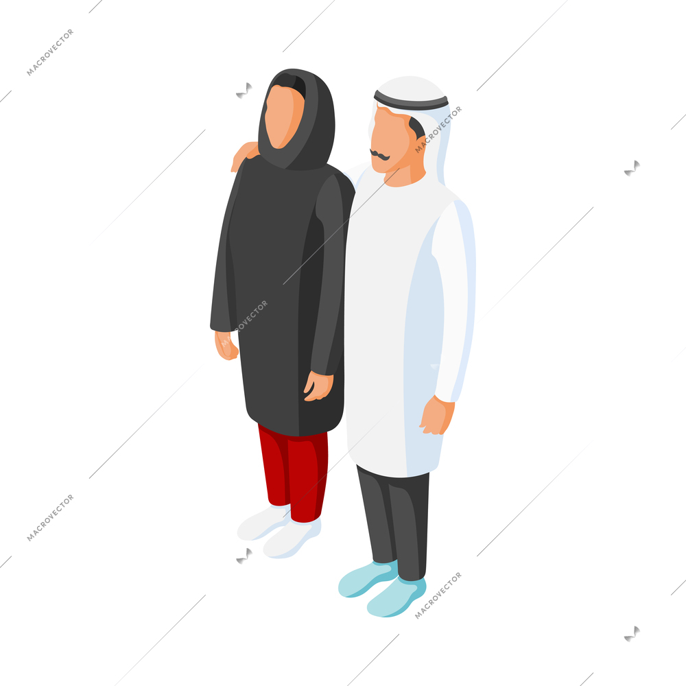 Isometric arabic family faceless husband and wife 3d vector illustration