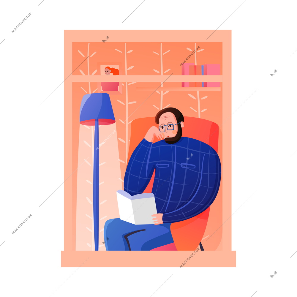 Male neighbour reading book in cozy room window flat vector illustration