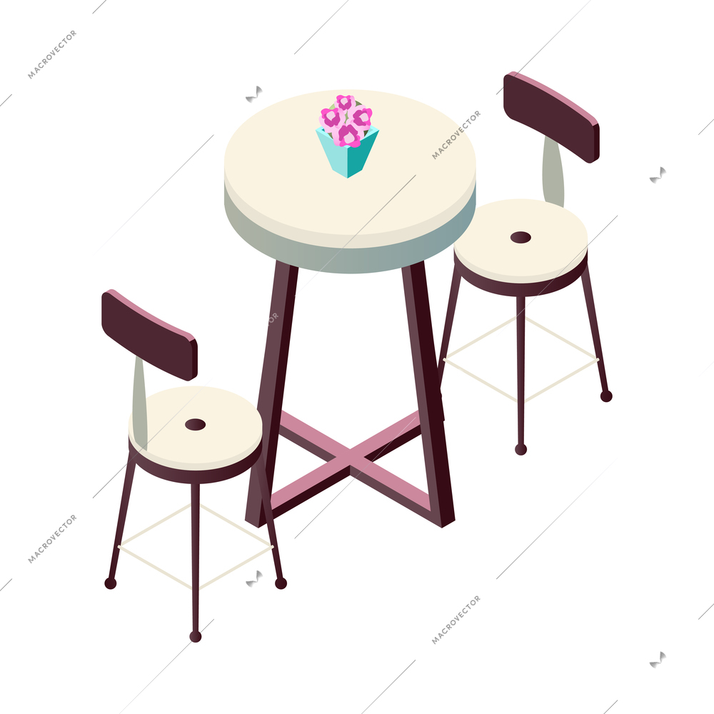 Isometric cafe table with chairs on white background 3d vector illustration