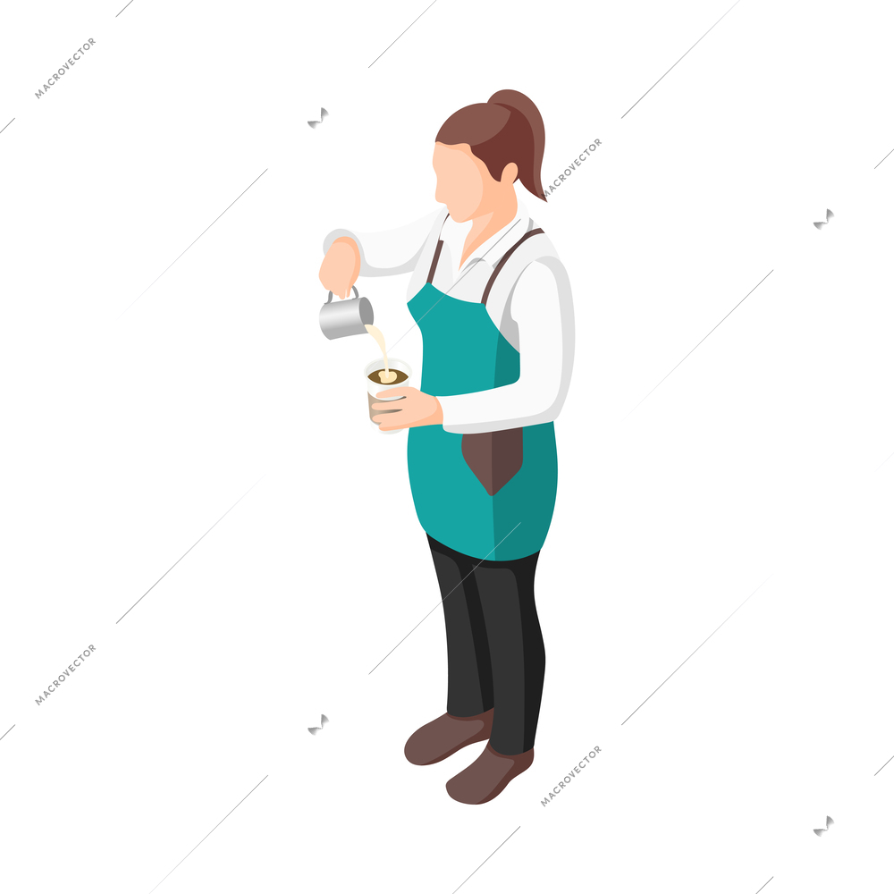 Isometric female barista making coffee 3d vector illustration