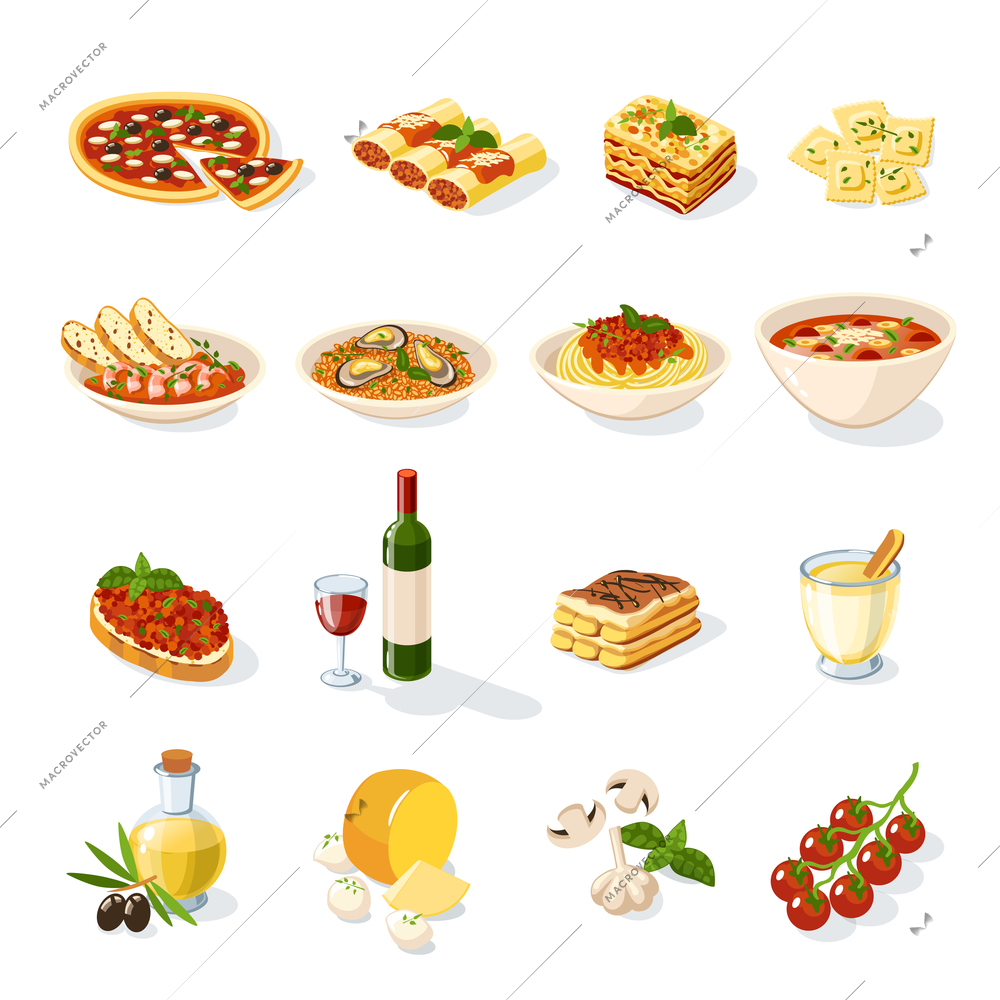 Italian food set with pizza pasta cheese tomato isolated vector illustration