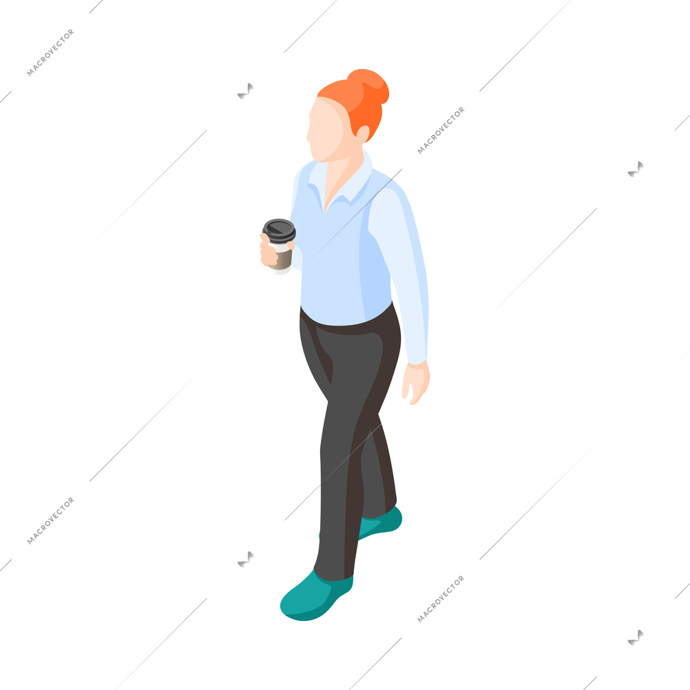 Isometric red haired woman with plastic cup of coffee 3d vector illustration