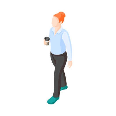 Isometric red haired woman with plastic cup of coffee 3d vector illustration